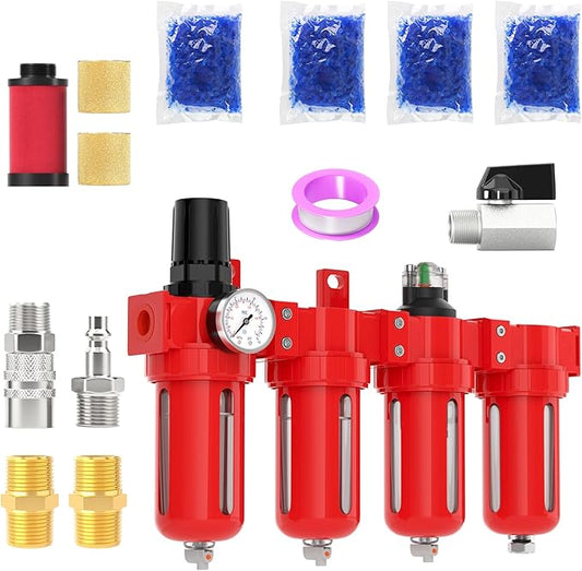 1/2" NPT Industrial Grade 4 Stage Aluminum Air Drying System, Coalescing Filter, Double Particulate Filter, Desiccant Dryer and Air Regulator,Manual Drain For Plasma Cutter and Paint Spray