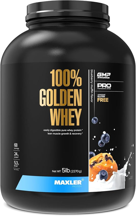 Maxler 100% Golden Whey Protein - 24g of Protein per Serving - Premium Whey Protein Powder for Pre Post Workout - Fast-Absorbing Whey Concentrate, Isolate & Hydrolysate Blend - Blueberry Muffin 5 lb