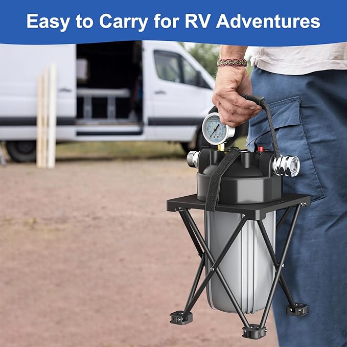 6-Layer RV Water Filter with Stand and 0.5 Micron Filtration, 3/4" GHT Metal Threads Garden Hose Water Filter, Reduces Sediments, Chlorine, VOCs, Heavy Metals, Bad Taste, Odor, and More