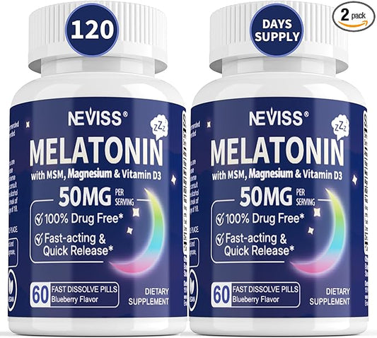 Melatonin 50 mg for Adults - Extra Strength 9-in-1 Fast Dissolve Sublingual - w/Vitamin D3 & MSM, Relaxing Herbal Blend-Ashwagandha, Lemon Balm, Passionflower,Chamomile,Sugar Free, Vegan 120 Servings