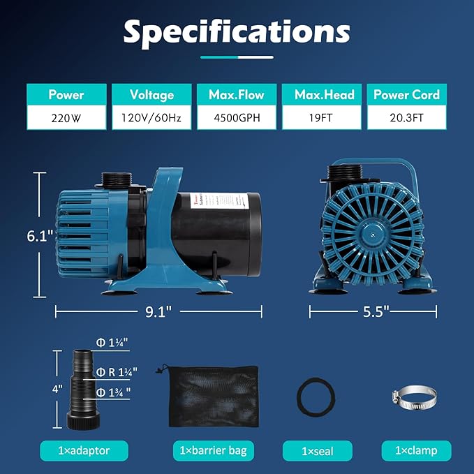 220W 4500GPH Pond Pumps for Outdoor Ponds, 180° Adjustable Water Direction, Pond Water Pump with 20FT Power Cord & Barrier Bag, Ultra-Quiet Fountain Pump, Waterfall Pump, UL Listed