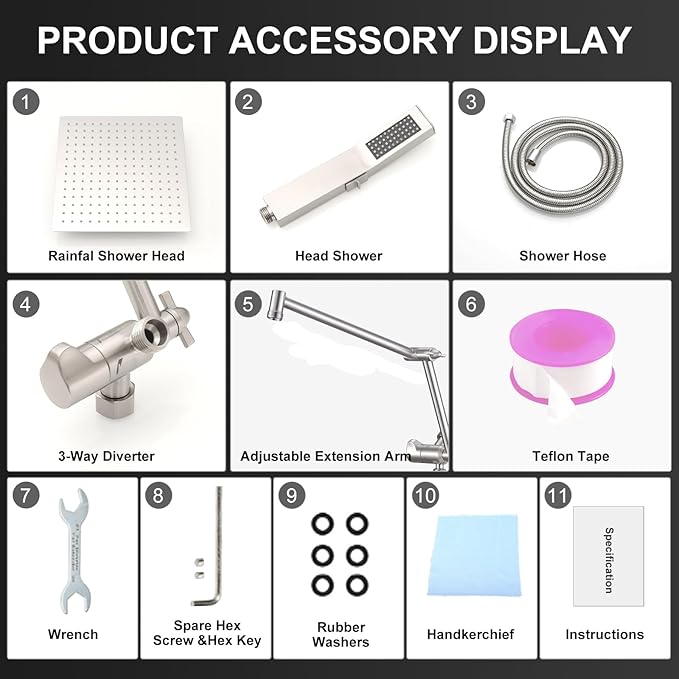 All Metal 10 Inch Rain Shower Head with Handheld Spray Combo, High Pressure Waterfall Rainfall Square Shower Heads with 16" Adjustable Extension Arm, Dual Showerhead with 3-Way Diverter,Brushed Nickel