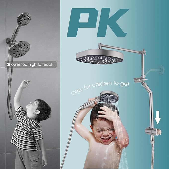 14" x 8" Rectangle High Pressure Rainfall Shower Head with Handheld Combo, 6 Setting Handheld Shower Head, Adjustable Height Shower Extension Arm and Slide Bar for Easy Reach - Brushed Nickel