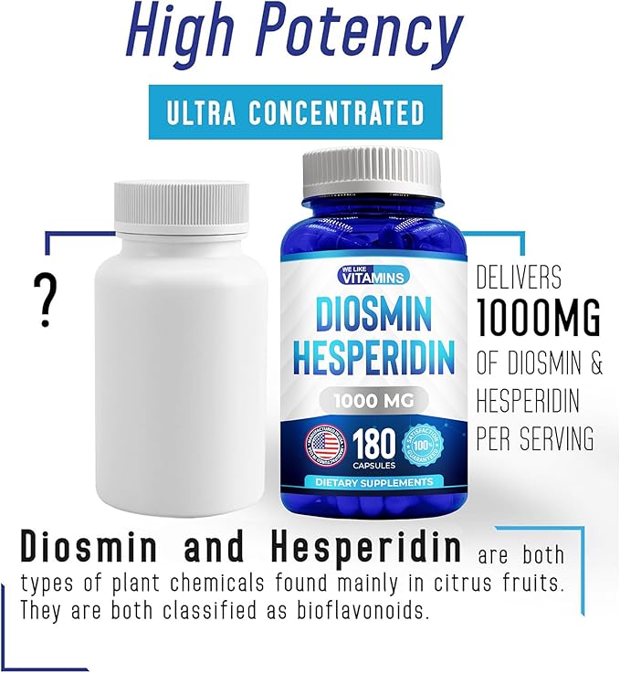 We Like Vitamins Diosmin Hesperidin 1000mg – 180 Capsules – 90 Day Supply - Diosmin and Hesperidin Supplement – Helps to Support Healthy Circulation, Veins, Capillaries, and Lymphatic Drainage