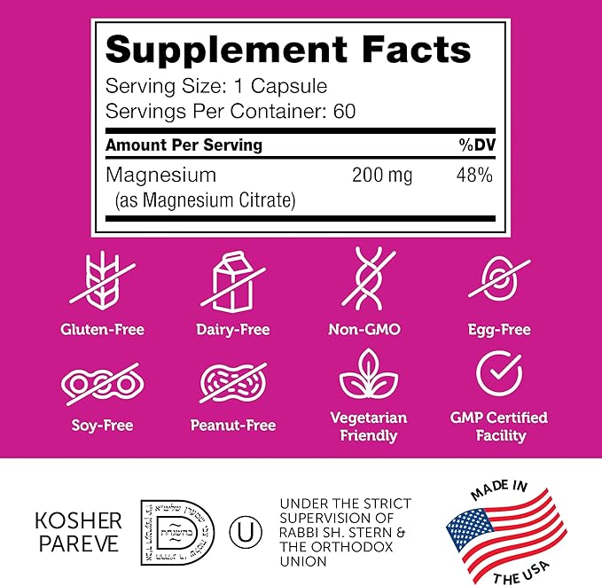 Zahler - Magnesium Supplement Capsules 200 mg (60 Count) Certified Kosher Bioactive Magnesium Citrate for Max Absorption - Natural Magnesium Mineral for Men & Women - Best Magnesium Supplements