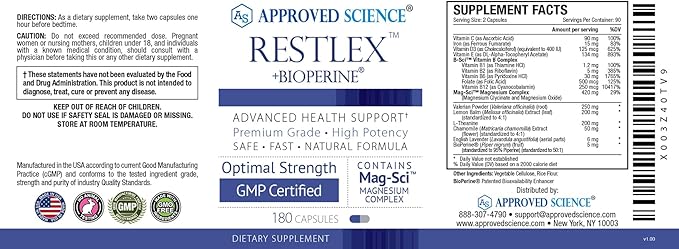 Approved Science Restlex - 420 mg Magnesium Glycinate Blend, L-theanine 200 mg - 360 Capsules - 2 Bottles
