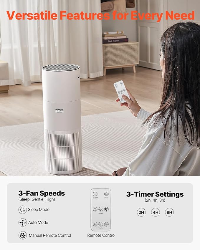 VEVOR 2 in 1 Air Purifier with Humidifier, Covers Up to 1090 ft² in One Hour, True HEPA 11 Filter, 22dB Quiet, Filters Up to 95% of Smoke, Dust, Pet Dander, Air Cleaner for Home, Large Room, Bedroom