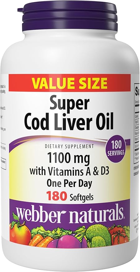 Webber Naturals Super Cod Liver Oil with Vitamin A and D3, 1100 mg Cod Liver Oil per Softgel, 180 Softgels, Value Size, Dairy, Gluten and Shellfish Free, Immune Support