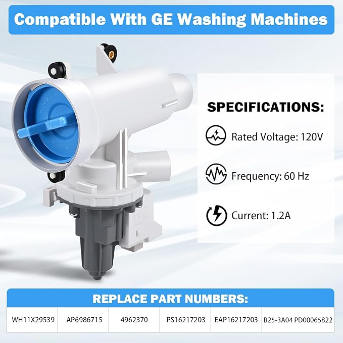 WH11X29539 Washer Drain Pump and Filter Assembly Compatible with GE Front Load Washing Machines Clothes Washer Replacement Parts AP6986715 4962370 PS16217203 EAP16217203 B25-3A04 PD00065822