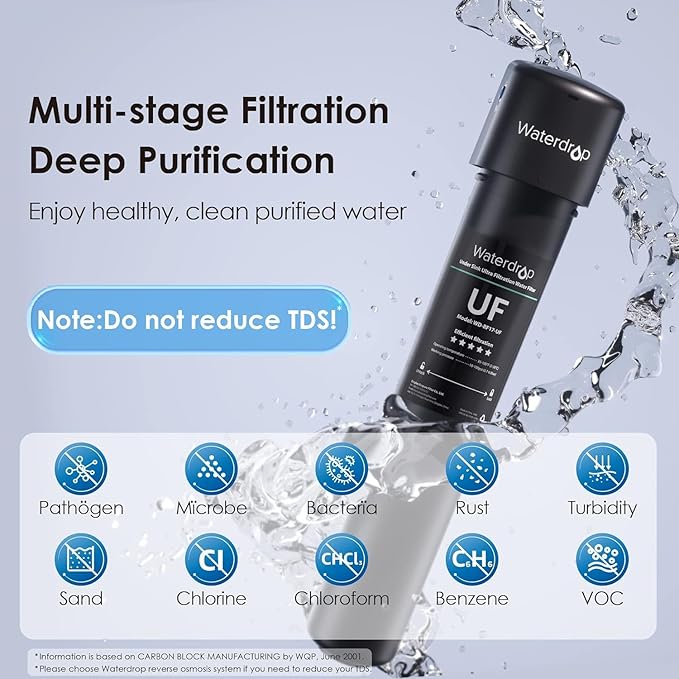 Waterdrop 17UA-UF Under Sink Water Filter, 3 Years or 24K Gallons, NSF/ANSI 42 Standard, 0.01 Micron Ultra Filtration for Baçtёria Reduction, Reduces Lead, Chlorine