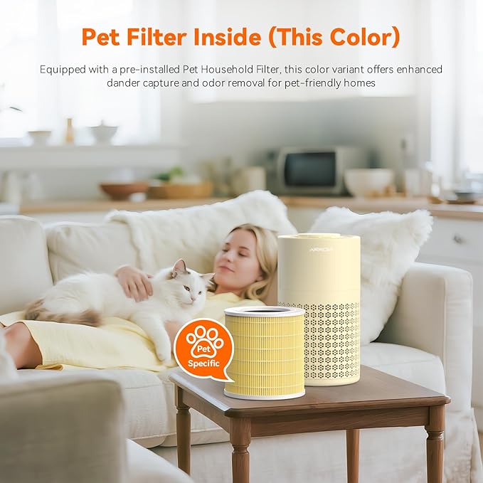 AIRROMI Air Purifier for Bedroom with HEPA Fet Filters, Pet Air Purifiers for Home Cat Pee Smell, Covers Up to 990Ft², Quiet 360° intake Air Cleaner for Allergies Dust Smoke Odor A2001 Yellow