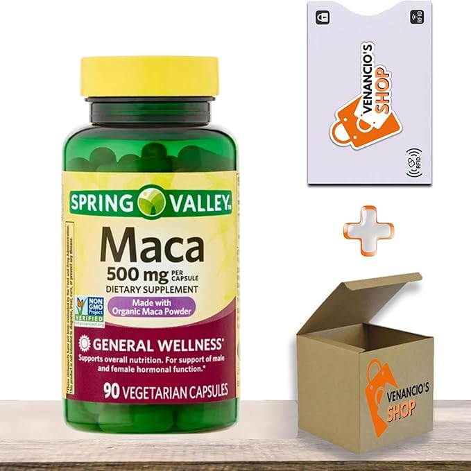 Maca Root 500 mg Capsules • General Wellness & Vitality Support • Vegetarian • 90 Count by Spring Valley + Vena’s Sticker (Pack of 1)