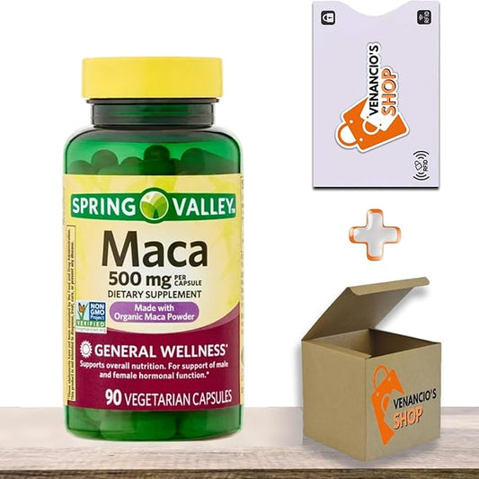 Maca Root 500 mg Capsules • General Wellness & Vitality Support • Vegetarian • 90 Count by Spring Valley + Vena’s Sticker (Pack of 1)