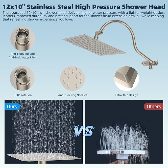 Hibbent 12'' All Metal Shower Head, High Pressure Rainfall Shower Head/Handheld Showerhead Combo/ 12'' Adjustable Curved Shower Extension Arm, 10-Spray, 71'' Adhesive Showerhead Holder, Brushed Nickel