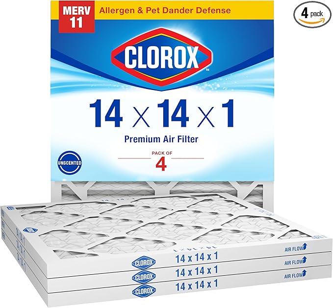 Clorox Air Filters 14x14x1 Furnace Filter, MERV 11 Pleated HVAC AC Furnace Air Filters, MPR 1000 & FPR 7 – Pack of 4