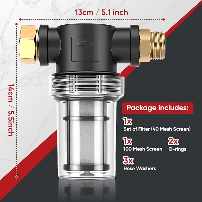 Garden Hose Inlet Filter for Pressure Washer Inlet Water, Sediment Filter Attachment, Inline Water Filter for Garden Hose with 40 Mesh and 100 Mesh Screen, 2 Pack O-Ring