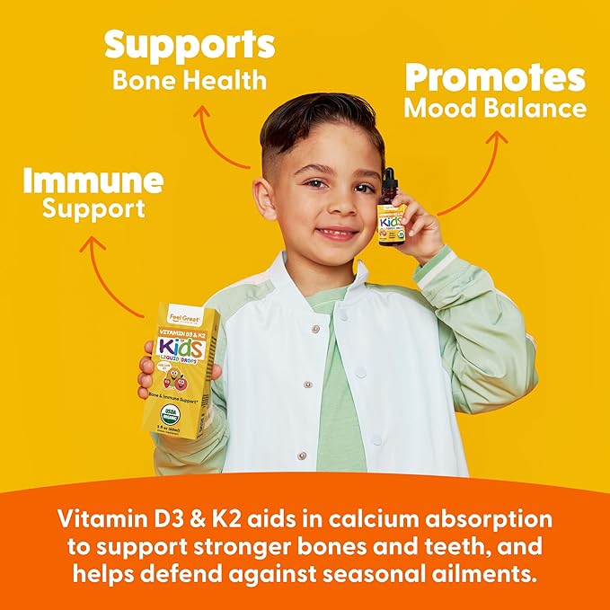Feel Great USDA Organic Liquid Vitamin D Drops for Infants & Toddlers (2 oz) w/ K2 for Absorption | Vitamin D for Kids Supports Immune Support & Bone Health | Sugar Free, Vegan, Non-GMO & Gluten Free
