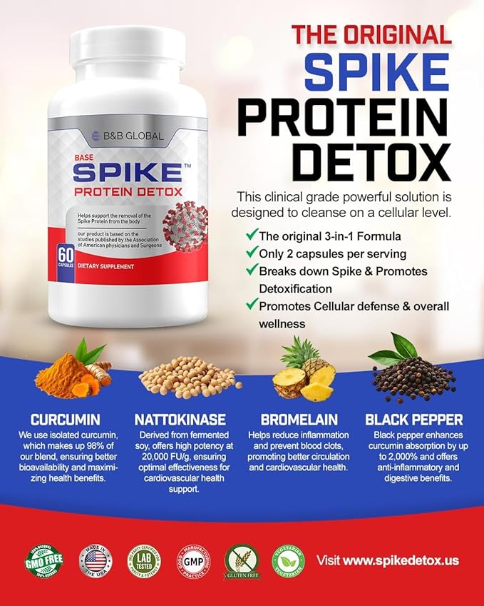 Spike Protein Detox - Spike Support Supplement with Nattokinase 4000Fu, Bromelain 500mg, Curcumin 1000mg - Unflavored Blend Promoting Improved Wellness - Made in The USA - 60 Capsules, 30 Day Supply