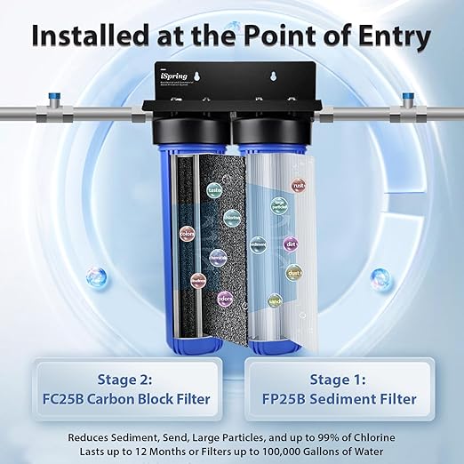 iSpring WGB22B 2-Stage Whole House Water Filter System, Reduces Chlorine, Sediment Water Filtration System for Home w/ 3/4'' Push-Fit Braided Stainless Steel Hose Connectors and Ball Valve