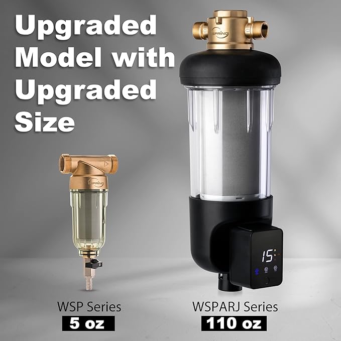 iSpring WSP200ARJ Spin-Down Sediment Water Filter, Upgraded Jumbo Size, Large Capacity, Reusable with Touch-Screen Auto Flushing Module, Brass Top Clear Housing, 200 Microns