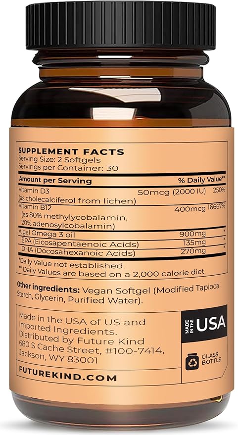 Future Kind Vegan Multivitamins - Glass Bottle & Made for Vegans with Omega 3 DHA, EPA, Vitamin B12 & D3 for Energy, Focus, & Mood (60 Softgels)
