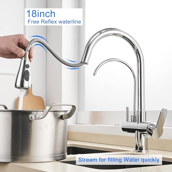 MENATT 2 Handle Kitchen Sink Faucet with Dringking Water Faucet, Pull Down Sprayer 3 in 1 Water Filter Purifier Faucets (Chrome)