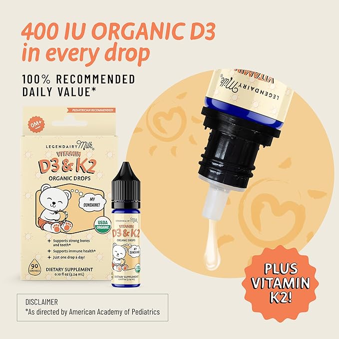 Legendairy Milk Organic Baby Vitamin D3 K2 Liquid Drops, 400 IU of Baby Vitamin D Drops for Infants - Vitamin D for Newborns, Toddlers, and Kids - Vegan, 90 Servings