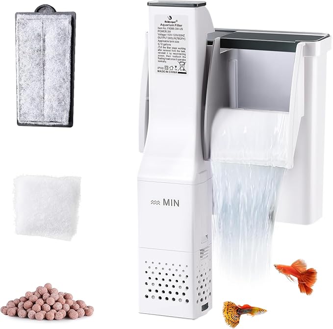 fishkeeper Aquarium Filter Up to 10 Gallon Power Quiet Hang On Back Aquarium Filter Multi-Stage Filtration Fish Tank Filter Waterfall Hob Filter for Freshwater Saltwater (3W 79GPH)