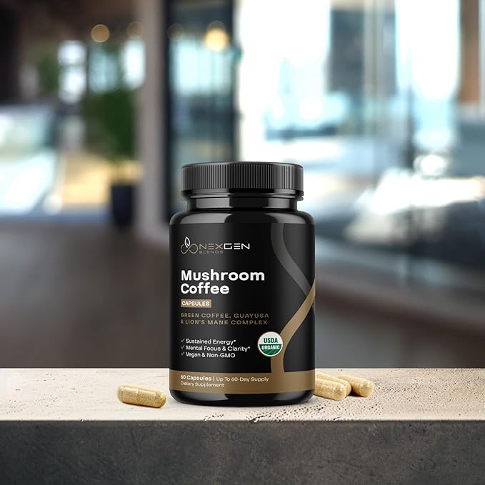 100% Organic Mushroom Coffee Capsules - Natural Energy Supplement with 130mg Caffeine from Clinically Proven Patented Green Coffee Bean & Guayusa Extracts for Jitter-Free Energy & Focus (60 Servings)