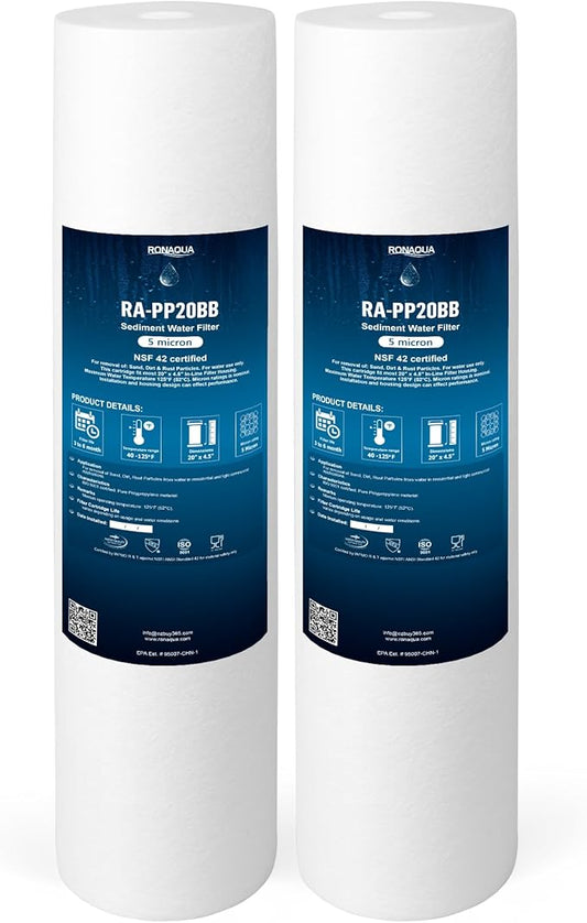 Ronaqua 20" x 4.5" Big Sediment Replacement Water Filter Cartridge, 5 Micron, NSF Certified, for Whole House, Compatible with 155358-43, 2PP20BB1M, AP810-2, FPMB-BB5-20, P5-20BB, SDC-45-2005, 2 Pack