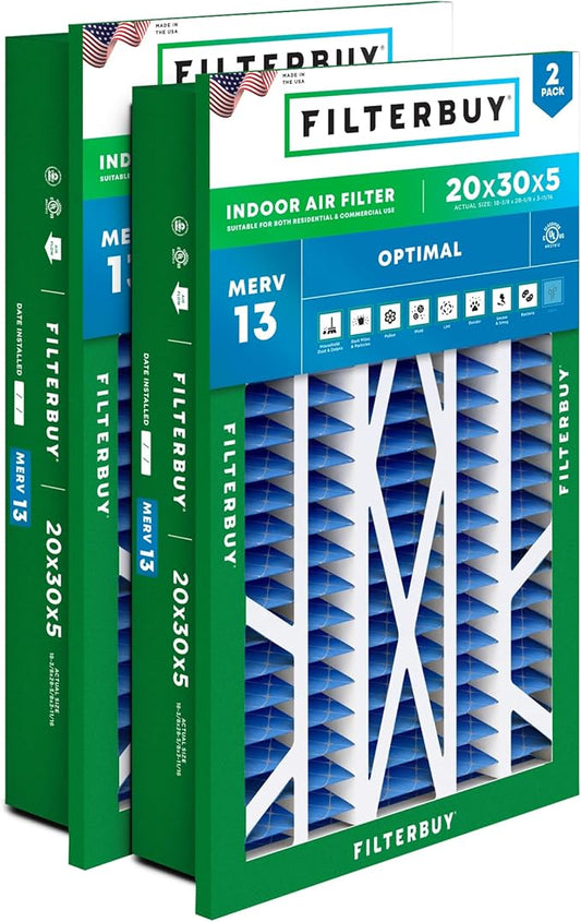 Filterbuy 20x30x5 Air Filter MERV 13 Optimal Defense (2-Pack), Pleated HVAC AC Furnace Air Filters Replacement for Honeywell Return Grille (Actual Size: 18.38 x 28.63 x 3.69 Inches)