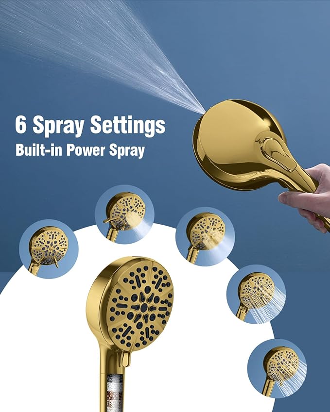 Filtered Shower Head with Handheld Gold, BOWGER 6 Modes High Pressure Shower Heads with Power Wash Mode and Hard Water Filter, Detachable Hand Held Showerhead Set with Extra Long Hose, Golden