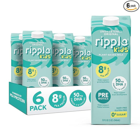 Ripple 32 oz Plant Based Milk 8g of Quality Sourced Pea Protein, Calcium Rich | Shelf Stable | Vegan & Non GMO Certified | Dairy, Soy, Nut, Gluten, & Lactose Free (Pack of 6) (32 Fl Oz (Pack of 6), Kids Unsweetened)