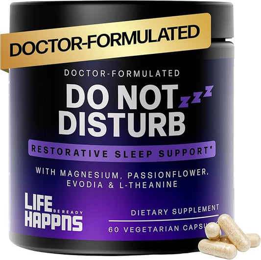 Life Happns Do Not Disturb Sleep Aid for Adults Natural Supplement with L-Theanine, Magnesium, Passion Flower & Evodia Fruit for Restorative Sleep Melatonin-Free, Non Habit-Forming, 60 Capsules