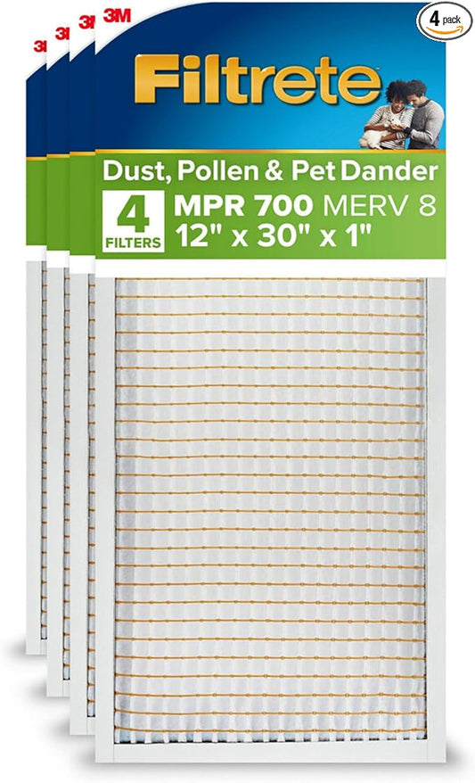 Filtrete 12x30x1 AC Furnace Air Filter, MPR 700, MERV 8, Tough on Pollen, Easy on Airflow, 3-Month Pleated 1-Inch Electrostatic Air Cleaning Filter, 4-Pack (Actual Size 11.81 x 29.81 x 0.81 in)