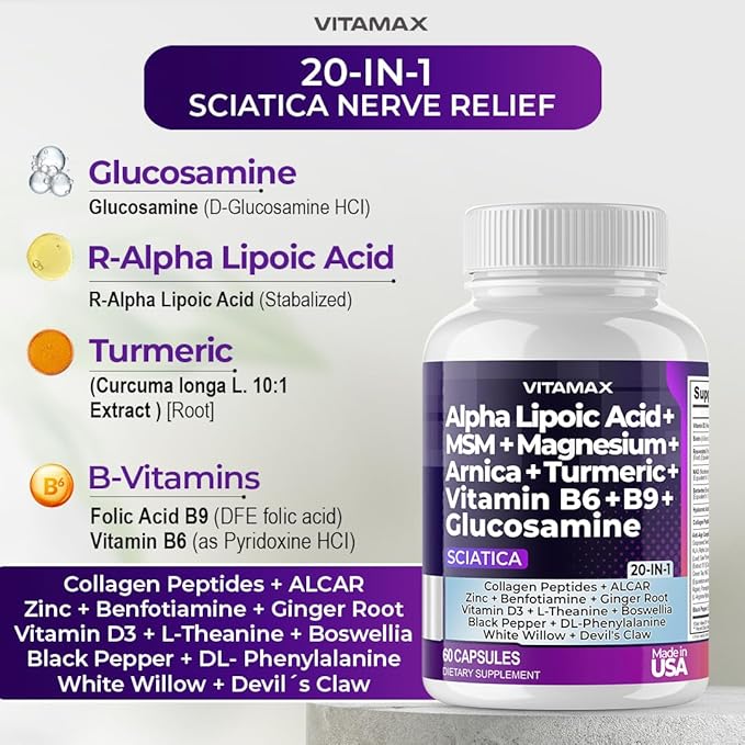 Sciatica Nerve Health Support - Sciatic Nerve Supplement Capsules with Folic Acid, Pea, Glucosamine, MSM, Vitamin B Complex, Alpha Lipoic Acid 300mg - Made in USA (60 Count (Pack of 2))