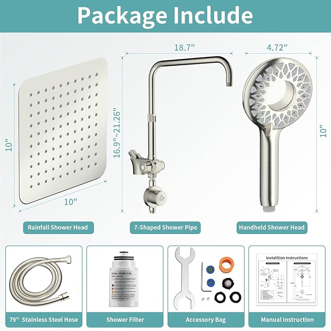 10" Rainfall Shower Heads with Handheld Spray Combo High Pressure, Magnetix Shower Head with Filters for Hard Water, 2 in 1 Dual Shower Head with Handheld and Slide Bar (Brushed Nickel)