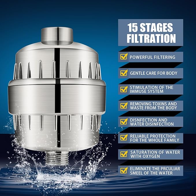 Shower Head and 15 Stage Shower Filter Combo, FEELSO High Pressure 5 Spray Filtered Showerhead with Water Softener Filters for Hard Water Remove Chlorine and Harmful Substances (Nickel Brushed)