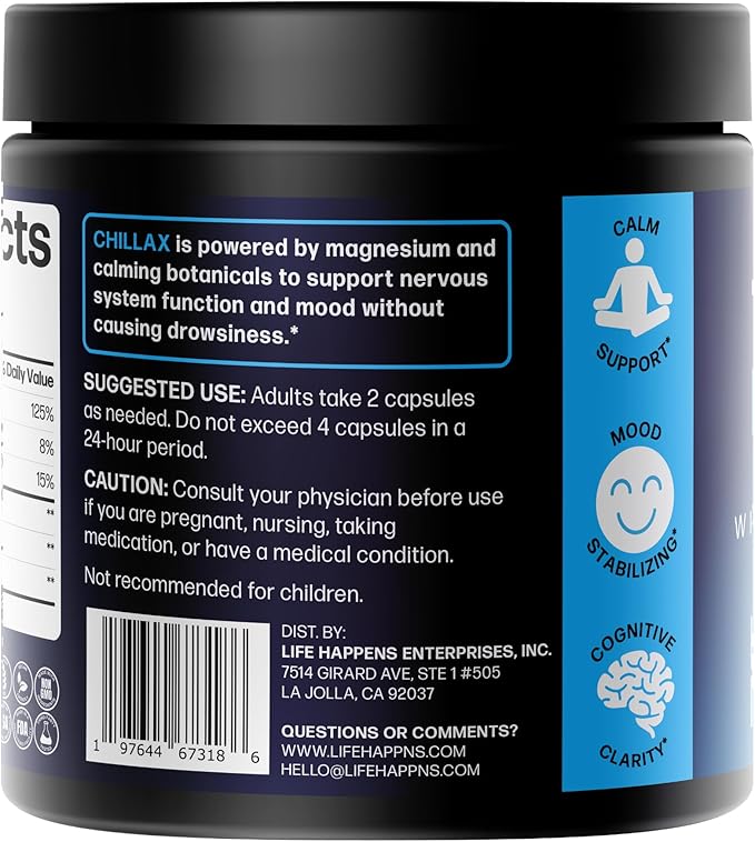 Life Happns Chillax, Calm Support Supplement, L Theanine, Magnesium, GABA and Saffron Supplements for Relaxation, Natural Mood Health Support for Adults, Calming and Relaxing, 60 Capsules
