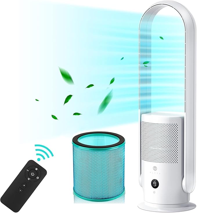 U ULTTY Bladeless Tower Fan and Air Purifier in one, True HEPA Filter 99.97% Smoke Dust Pollen Dander, Oscillating Tower Fan with Remote Control CR022D, White