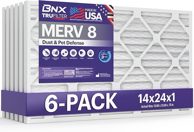 BNX TruFilter 14x24x1 Air Filter MERV 8 (6-Pack) - MADE IN USA – Dust & Pet Defense Air Conditioner HVAC AC Furnace Filters for Dust, Pet, Mold, Pollen MPR 600 – 700 & FPR 5