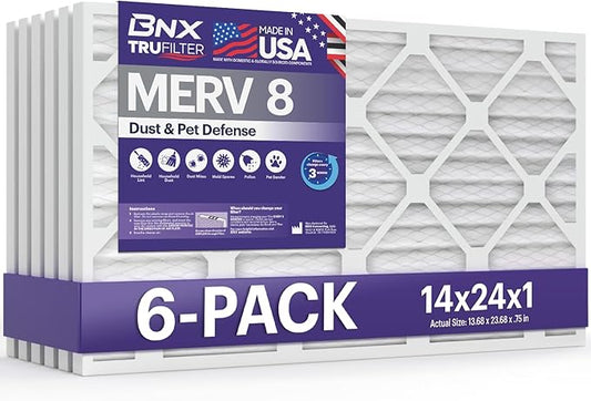 BNX TruFilter 14x24x1 Air Filter MERV 8 (6-Pack) - MADE IN USA – Dust & Pet Defense Air Conditioner HVAC AC Furnace Filters for Dust, Pet, Mold, Pollen MPR 600 – 700 & FPR 5