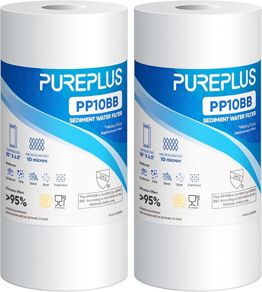 PUREPLUS 10 Micron 10" x 4.5" Whole House Sediment Home Water Filter Replacement Cartridge for Culligan RFC-BBSA, HD-950, WFHD13001B, W15-PR, GXWH30C, GXWH35F, Aqua-Pure AP817, PP10BB, 2PACK