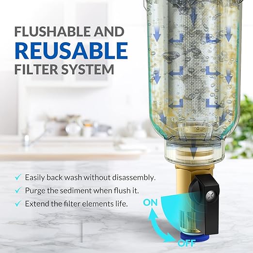 SimPure DC5S 40 Micron Spin Down Sediment Filter, Reusable Whole House Sediment Water Filter Softener with Siliphos Helps Prevent Scale and Corrosion, 1" MNPT + 3/4" FNPT + 3/4"MNPT, BPA Free
