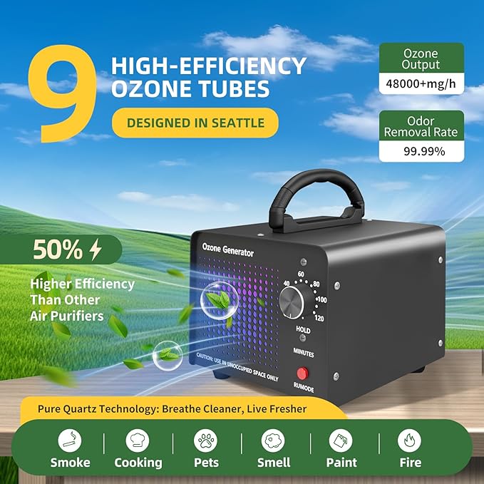 HHGM 48,000mg/h High Capacity Ozone Machine Generator, Commercial Industrial Quartz Tube Air Purifier, Ionizer & Deodorizer Ozone Odor Eliminator Suitable for Home, Car, Basements, Pets, Smoke, Farms