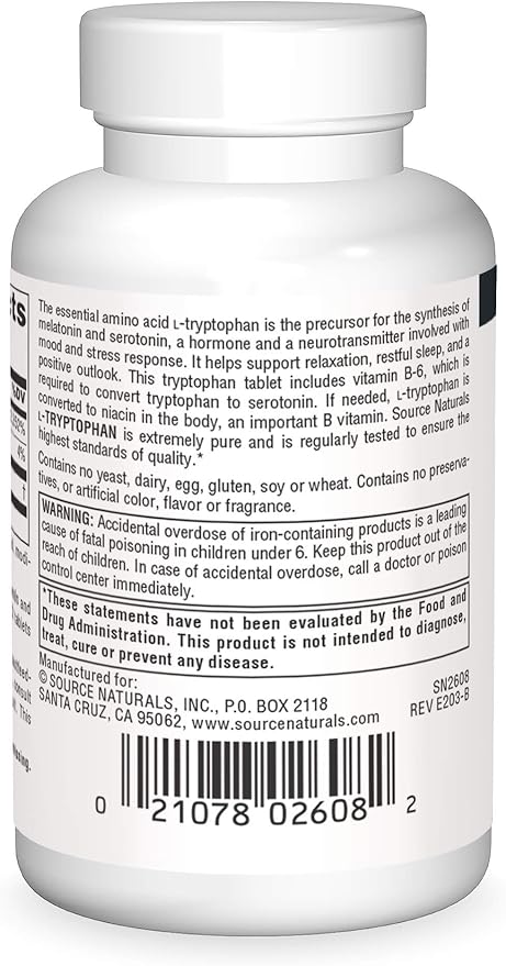 Source Naturals L-Tryptophan with Vitamin B-6 1000 mg Support Mood, Relaxation and Sleep* - 30 Tablets