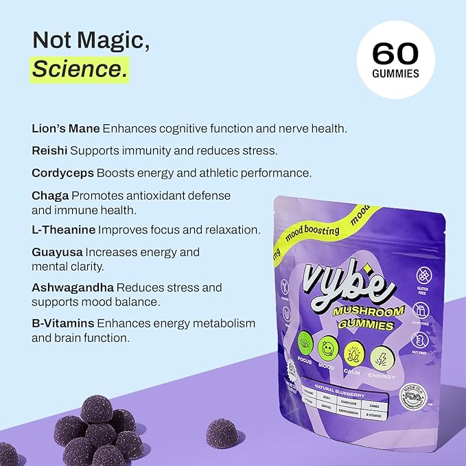 Vybe Daily Nootropic Gummies – 8-in-1 Mushroom & Adaptogen Brain Supplement for Focus, Energy, and Mood with Lion's Mane, Cordyceps, Reishi, Chaga, Ashwagandha (Blueberry, 60-Count)