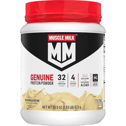 Muscle Milk Genuine Protein Powder, Banana Crème, 1.93 Pounds, 13 Servings, 32g Protein, 4g Sugar, Calcium, Vitamins A, C & D, NSF Certified for Sport, Energizing Snack, Packaging May Vary