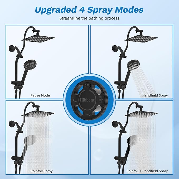 Hibbent Upgraded All Metal 10"Rainfall Showerhead Combo, High Pressure Shower Head with 10-Spray Mode Handheld, Innovative 4-way Diverter with Pause Mode, 71'' Shower Hose and Handheld Holder, Black