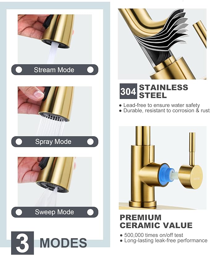 Kitchen Faucet and Water Filter Faucet Combo, WOWOW Stainless Steel Kitchen Sink Faucet with Drinking Water Faucet for Reverse Osmosis or Water Filtration System, Brushed Gold